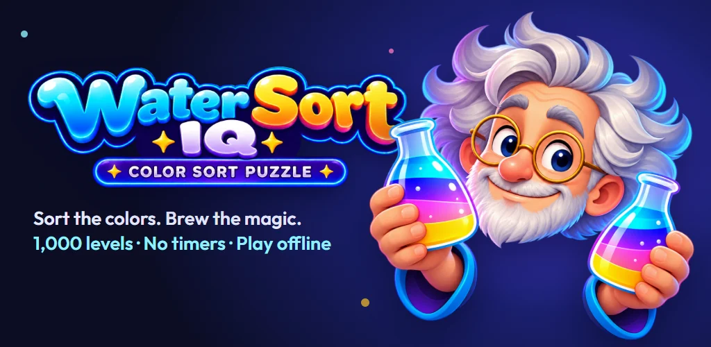 Water Sort: Color Puzzle IQ key art with the game logo and the wizard mascot holding two flasks of layered colors