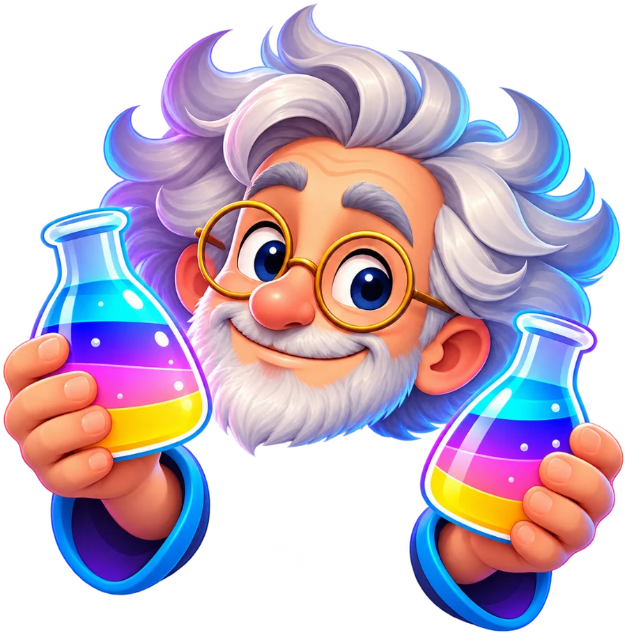 The wizard mascot of Water Sort: Color Puzzle IQ holding two colorful potion flasks
