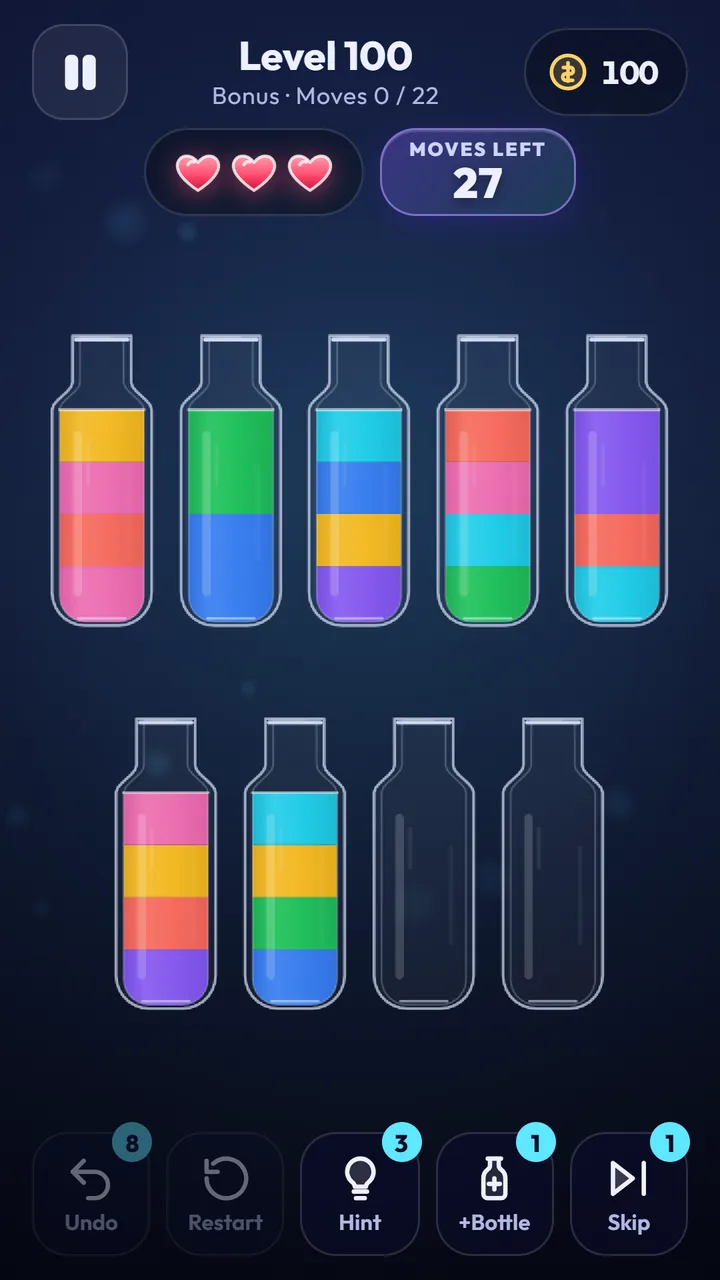 A bonus challenge level in Water Sort: Color Puzzle IQ with a move target shown at the top